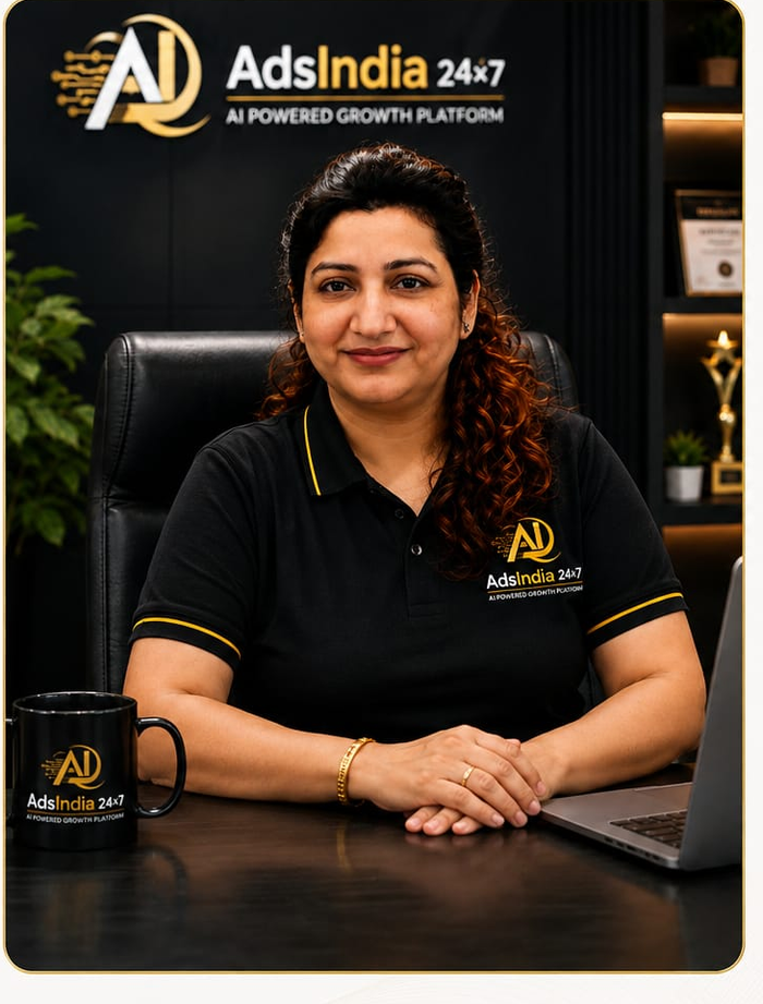 Rajni Makani, Founder and CEO of AdsIndia 24x7, at her office desk
